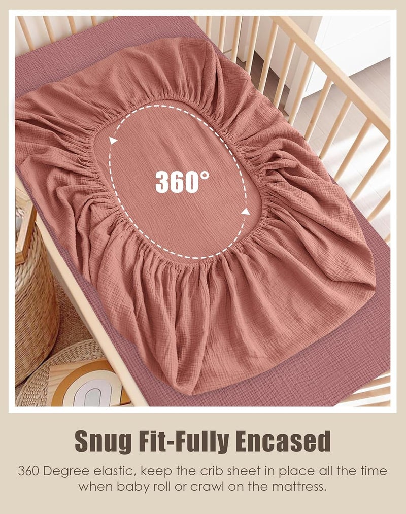 SWEET DOLPHIN 2-Pack Muslin Crib Sheets for Boys & Girls, Ultra Soft Breathable 40S Long-Staple Cotton Fitted Baby Sheets for Standard Crib Mattress 52"x28", Deep Bean Paste- Nursery Essentials - Image 3